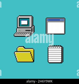 Vector pixel art rétro ordinateur moniteur avec clavier, fenêtre d'application ouverte, dossier de répertoire et raccourci de programme de fichier texte du bloc-notes, icône 8 bits Illustration de Vecteur