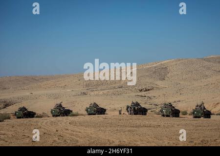 Bislah, Israël.3 novembre 2021.Les Marines affectés à la Compagnie de reconnaissance légère blindée, Bataillon Landing Team 1/1, 11e unité expéditionnaire maritime, effectuent des répétitions avant une section de tir à l'appui d'un exercice d'interopérabilité israélien 21 au Centre d'entraînement Bislah, Israël, novembre 3.Il s'agit de la première formation bilatérale des États-Unis et d'Israël depuis qu'Israël a rejoint la zone de responsabilité du Commandement central des États-Unis et est une démonstration solide de l'engagement des deux nations en faveur de la stabilité dans la région.Crédit : U.S. Marines/ZUMA Press Wire Service/ZUMAPRESS.com/Alamy Live News Banque D'Images