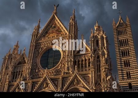 Le Duomo de Sienne, la cathédrale Metropolitana di Santa Maria Assunta, lumière du soir avec un ciel spectaculaire. Banque D'Images