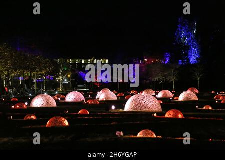 Woking, Royaume-Uni, 18 novembre 2021. Bienvenue Lawn. Soirée avant-première Glow 2021, RHS Garden Wisley, Woking, Surrey, Angleterre, grande-Bretagne, Royaume-Uni, Royaume-Uni, Europe. Illuminations festives annuelles dans le jardin phare de la Royal Horticultural Society. Ouvert au public le vendredi 19 novembre 2021 et se poursuit jusqu'au 4 janvier 2022. Crédit : Ian Bottle/Alamy Live News Banque D'Images