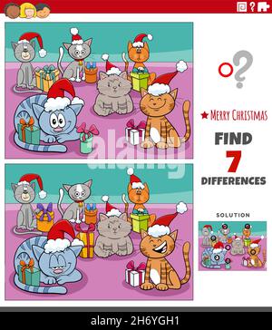 Illustration de dessin animé de trouver des différences entre les images jeu éducatif pour les enfants avec les personnages chats drôles sur Noël Illustration de Vecteur