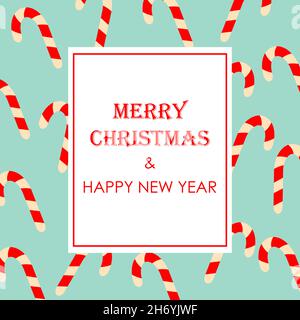 Modèle de carte de Noël avec texte Joyeux Noël et joyeux nouvel an et motif de canne en sucre sur fond bleu.Illustration vectorielle plate Illustration de Vecteur