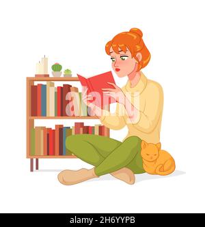 Jeune femme lisant un livre à la maison.Illustration vectorielle de dessin animé isolée sur fond blanc. Illustration de Vecteur