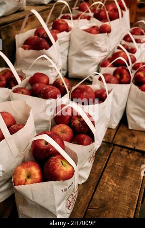 Pommes Red Delicious en sacs sur une étagère de magasin dans un grand marché agricole dans le pays de pomme à Ellijay Géorgie, Etats-Unis. Banque D'Images