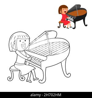 livre de coloriage pour les enfants. colorez-le selon le dessin. jolie petite fille de dessin animé jouant du piano. vecteur isolé sur fond blanc Illustration de Vecteur