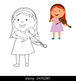 livre de coloriage pour enfants. colorez-le selon le dessin. jolie petite fille de dessin animé jouant le violon. vecteur isolé sur fond blanc Illustration de Vecteur