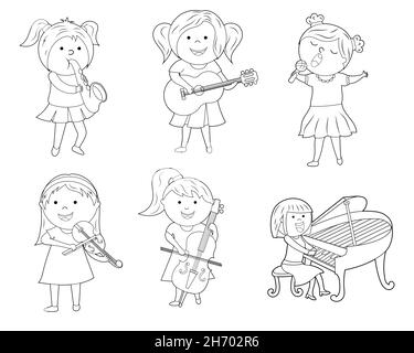 livre de coloriage pour les enfants. colorez-le selon le dessin. un ensemble de musiciens mignons de petite fille de dessin animé. vecteur isolé sur un fond blanc Illustration de Vecteur