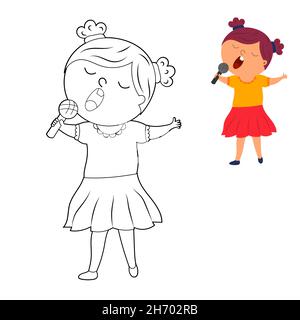 livre de coloriage pour les enfants. colorez-le selon le dessin. jolie petite fille de dessin animé chante dans le microphone. vecteur isolé sur un fond blanc Illustration de Vecteur