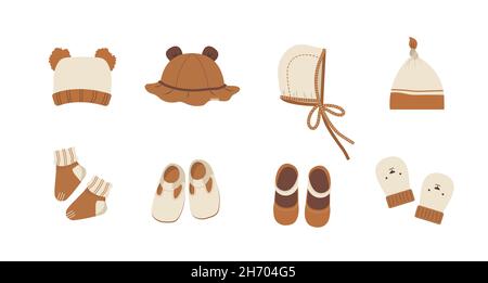 Collection de vêtements pour bébé.Tenue de boho.Jolie garde-robe pour petit garçon ou fille.Illustration vectorielle de style dessin animé plat.Accessoires pour nouveau-né Illustration de Vecteur