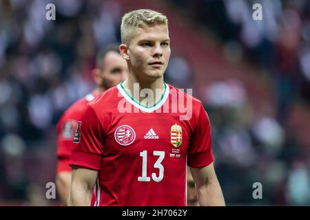 Varsovie, Pologne.15 novembre 2021.Andras Schafer, de Hongrie, vu lors du match de qualification Qatar de la coupe du monde de la FIFA 2022 entre la Pologne et la Hongrie au stade PGE Narodowy.Score final; Pologne 1:2 Hongrie.(Photo de Mikolaj Barbanell/SOPA Images/Sipa USA) crédit: SIPA USA/Alay Live News Banque D'Images