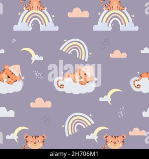 Motif sans couture avec oursons tigres.Adorable animal endormi sur un nuage et un tigre assis sur un arc-en-ciel sur fond lilas avec des nuages et la lune Illustration de Vecteur