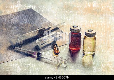 Médicaments, seringues, ampoules sur fond gris.Deux ampoules, deux seringues et deux flacons avec médicaments.Aquarelle numérique. Banque D'Images