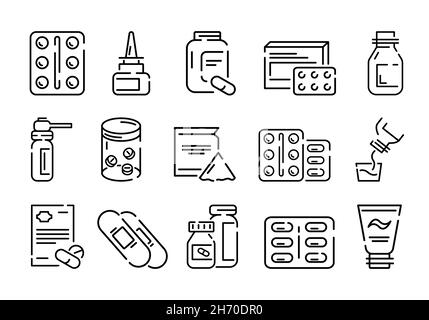 Jeu d'icônes plates pour préparateurs médicaux.Pictogramme de pilule pour toile.Trait.Ensemble d'icônes de flacons.Isolé sur fond blanc.Vecteur eps10.Préparateur pour Banque D'Images