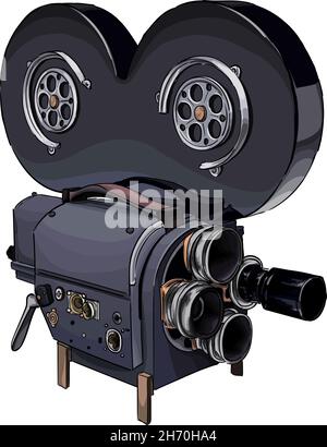 Caméra de cinéma vintage, projecteur de film portable, caméra mécanique de peintures multicolores.Aquarelle, dessin coloré, réaliste.Vecteur Illustration de Vecteur