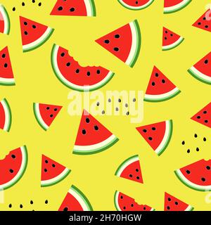 Motif sans couture avec une tranche de pastèque rouge vif sur fond jaune. Illustration de Vecteur