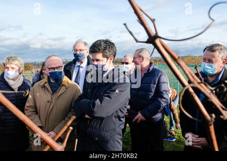 Pouilly-le-Monial (France), 18 novembre 2021.Julien Denormandie, ministre de l'Agriculture, était en visite dans la région du Beaujolais à l'occasion du l Banque D'Images