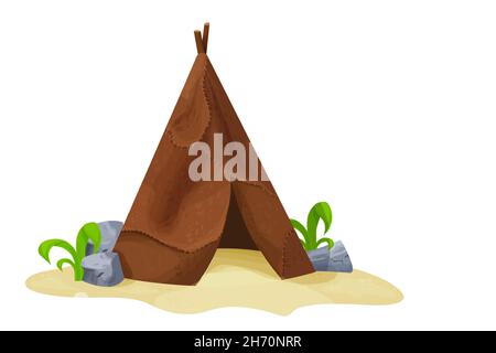 Ancienne hutte primitive préhistorique de la peau animale avec de l'herbe et des pierres dans le style de dessin animé isolé sur fond blanc.Bâtiment de culture d'âge de pierre.Tente barbare.Illustration vectorielle Illustration de Vecteur