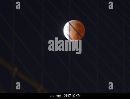 Brooklyn, États-Unis.19 novembre 2021.L'éclipse lunaire partielle la plus longue depuis des centaines d'années s'installe dans le ciel tôt le matin derrière le pont de Brooklyn à New York le vendredi 19 novembre 2021.C'était l'éclipse lunaire partielle la plus longue depuis le XVe siècle.Photo de John Angelillo/UPI crédit: UPI/Alay Live News Banque D'Images
