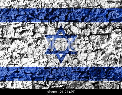 Drapeau israélien représenté sur un mur de pierre.La texture de la pierre se fond parfaitement avec les couleurs de la bannière Banque D'Images