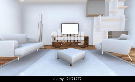 Maquette de Smart TV sur un meuble en bois dans un salon blanc moderne vide - rendu 3d Banque D'Images