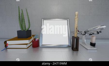 Maquette de cadre photo argenté sur une table blanche - intérieur de la maison avec espace de copie - Illustration 3D Banque D'Images