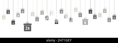 noël suspendu présente de couleur grise avec les chiffres 1 à 24 montrant le calendrier de l'avent pour noël et les concepts de l'heure d'hiver, fond blanc Illustration de Vecteur