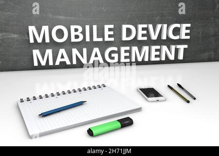 MDM - Mobile Device Management - concept de texte avec tableau de surveillance, ordinateur portable, stylo et téléphone mobile.Illustration de rendu 3D. Banque D'Images