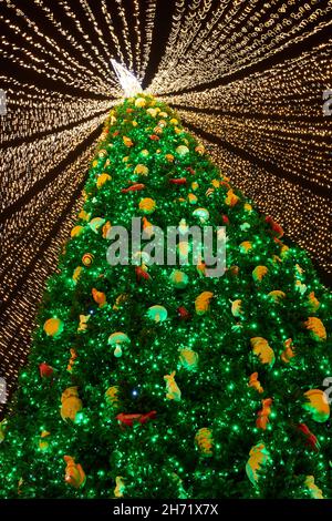 Magnifique arbre de Noël entouré de nombreuses guirlandes et décoré avec différentes boules colorées et des jouets.Arrière-plan noir.Photo du nouvel an. Banque D'Images