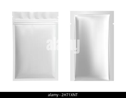 Housse Siver.Paquet de feuilles de masque. Échantillon de maquette de sachet en plastique argenté.Design d'emballage pour masque facial.Modèle de sac à fermeture à glissière pour aliments, papier aluminium Illustration de Vecteur