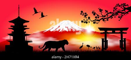 Le tigre en tant que symbole de la nouvelle année à venir selon le calendrier de l'est.Paysage japonais avec le Mont Fuji.Grues, une pagode et une porte sont visi Illustration de Vecteur