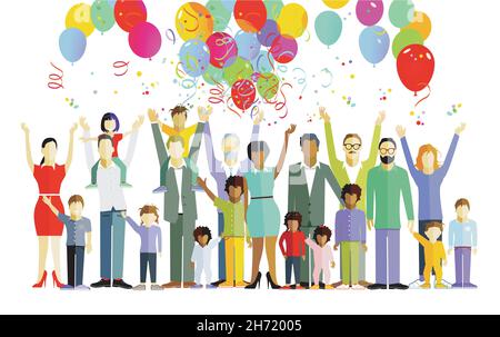 Les familles, les parents et les enfants sont heureux et ont une fête Illustration de Vecteur