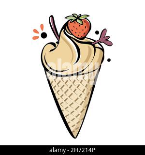 Crème glacée à la fraise.Dessin fait main avec une crême beige en gaufre Illustration de Vecteur