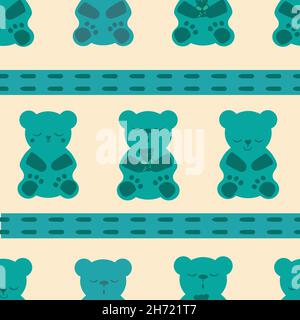 Dormir gummies ruban couture vector fond sans couture motif.Toile de fond avec des ours en gelée bleu vert et une bande horizontale.Style kawaii mignon Illustration de Vecteur