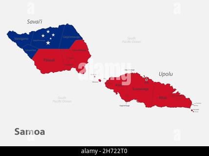 Carte des Samoa dans les couleurs du drapeau avec vecteur de divisions administratives Illustration de Vecteur