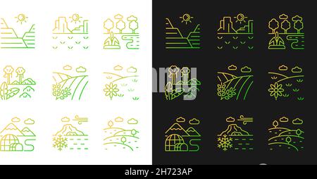 Biomes et formes de terrain, icônes de dégradé définies pour les modes sombre et clair Illustration de Vecteur