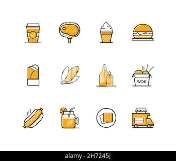 Nourriture et boissons - ensemble d'icônes de style coloré.Idée de plats et desserts à emporter.Café chaud, plats à base de viande, hot dog ou steak, nouilles, légumes Illustration de Vecteur