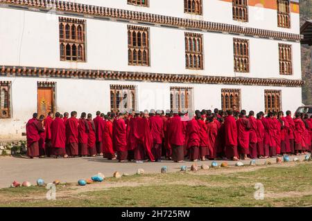 De jeunes moines bouddhistes se sont alignés à l'école monastique de Dechen Phodrang à Thimphu, au Bhoutan. Banque D'Images