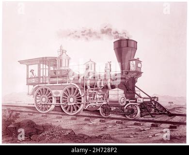 Portrait sépia d'une locomotive vapeur dans un chemin de fer du XIXe siècle Banque D'Images