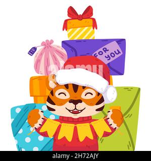 Tigre souriant avec chapeau de père noël, drapeaux de guirlande festifs, cadeaux.Animal de zodiaque chinois.Symbole de la nouvelle année 2022, 2034.Illustration vectorielle isolée Illustration de Vecteur