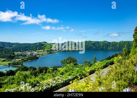 Lagoa das Sete Cidades, lagune des sept villes, île de São Miguel, Açores, Açores, Portugal,Europe. Banque D'Images