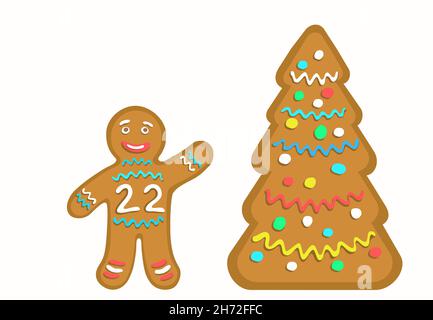Le Gingerbread Man avec le numéro 22 et l'arbre de Noël stylisé cookie. Illustration de Vecteur