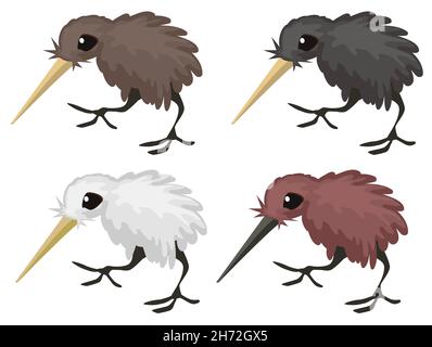 Élément de dessin de dessin animé d'oiseau kiwi avec variantes de couleur, vecteur isolé, horizontal Illustration de Vecteur