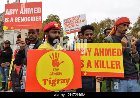 Londres, Royaume-Uni.19 novembre 2021.Les manifestants du Tigray tiennent des pancartes pendant la manifestation.les Tigraans protestent sur la place du Parlement à Londres pour dénoncer les actions du gouvernement éthiopien contre la population du Tigray.Crédit : SOPA Images Limited/Alamy Live News Banque D'Images