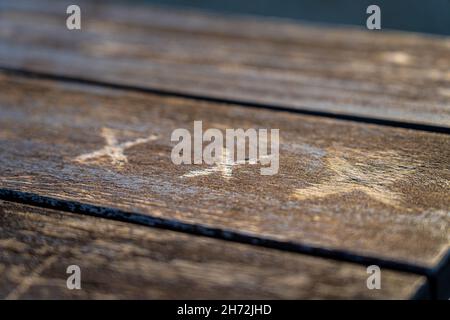 Triple X sculpté dans une table en bois marron dans le parc Banque D'Images