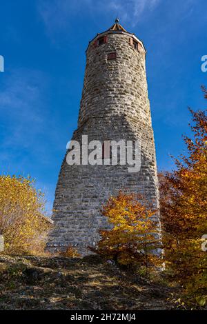 Ancienne tour de guet sur une colline au milieu de la forêt d'automne Banque D'Images