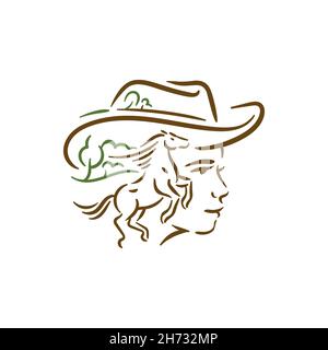 Cheval avec femme sur rancho logo concept Illustration de Vecteur