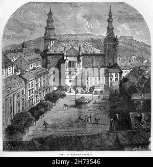 Gravure d'Aix-la-Chapelle ou d'Aix-la-Chapelle dans les années 1500.Aix-la-Chapelle est aujourd'hui la 13ème plus grande ville de Rhénanie-du-Nord-Westphalie et la 28ème plus grande ville d'Allemagne. Banque D'Images