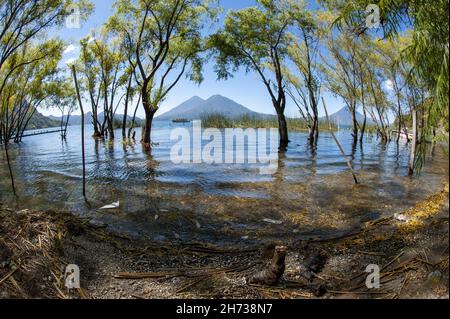 Volcans Atitlan et Toliman vus de Santa Catarina Palopo dans le lac Atitlan, Solola, Guatemala Banque D'Images