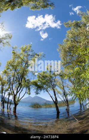 Volcans Atitlan et Toliman vus de Santa Catarina Palopo dans le lac Atitlan, Solola, Guatemala Banque D'Images