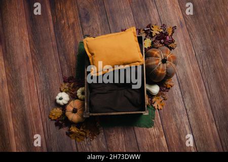 Arrière-plan numérique automne nouveau-né - parquet marron avec caisse, coussin jaune moutarde, citrouille écossais, feuilles d'automne orange. Banque D'Images